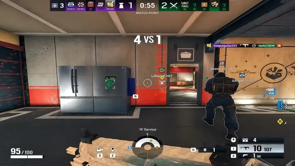 R6 Siege match point corridor with an enemy ESP icon marker through a refrigerator.