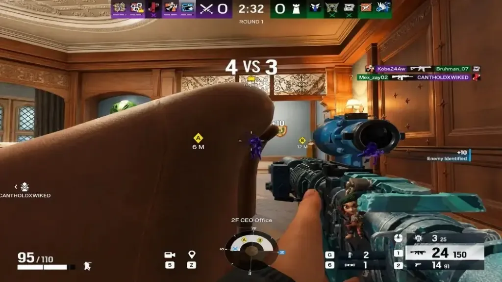 R6 Siege round with purple enemy outlines through walls during a four-versus-three fight.